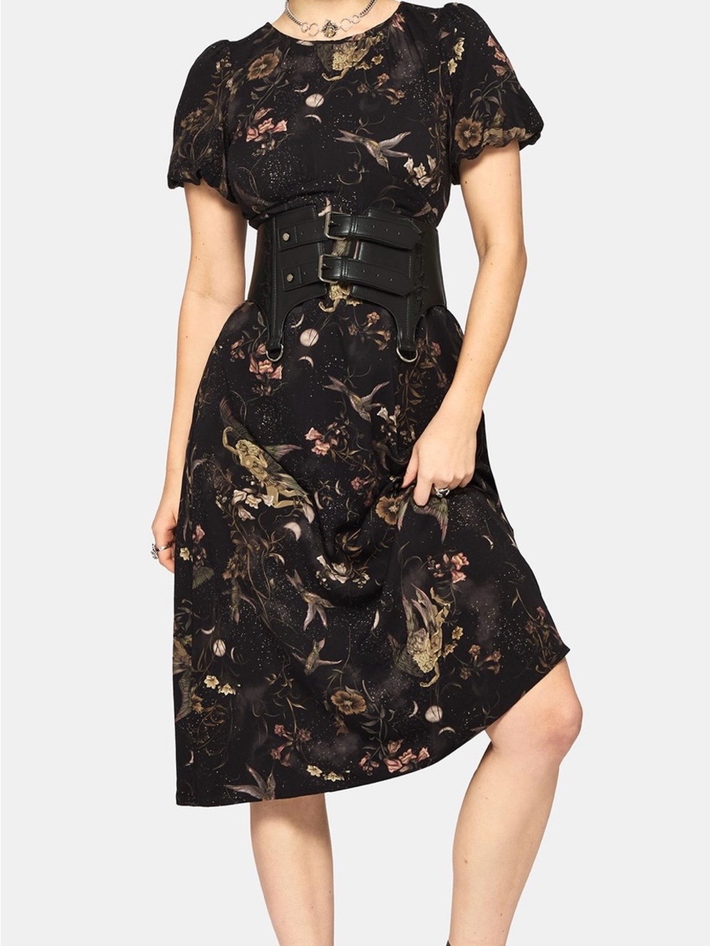 Disturbia Midi Dress Fairies Moon Flowers 8 NWT Harpyai Goth Feminine - Picture 3 of 9
